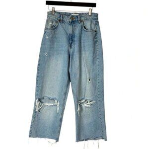 Zara Baggy Jeans Womens 6 Blue Light Wash Denim Raw Hem Cropped Distressed